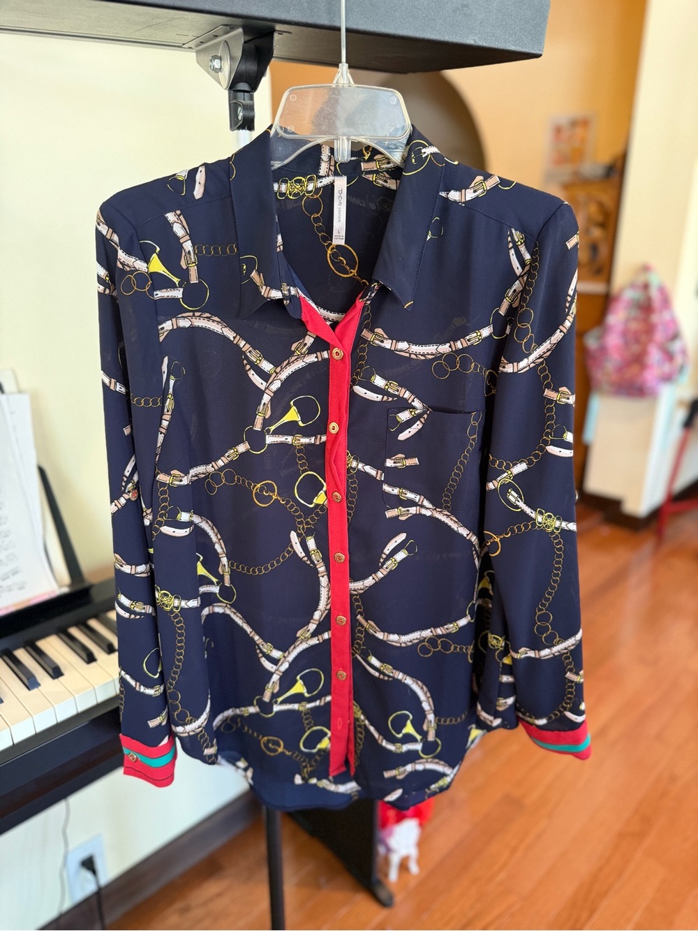 DNA couture Navy Chain Print Blouse with Red Trim Size Large